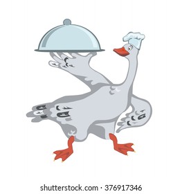 Cute smiling goose chef with a tray