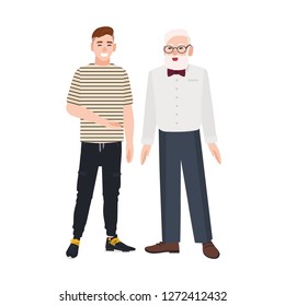 Cute smiling grandfather and grandson standing together. Funny happy elderly man and young guy talking to each other and laughing. Friendship between granddad and grandchild. Flat vector illustration.