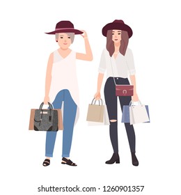 Cute smiling grandmother and granddaughter shopping together. Funny happy elderly woman and young girl carrying bags with their purchases. Colorful vector illustration in flat cartoon style.