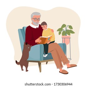 Cute smiling grandpa holding his grandson and reading book with fairy tales or watching family photo album. Grandfather day, grandparent, childhood, friendship concept. Flat vector illustration