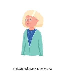 Cute smiling granny avatar with white hair and eyeglasses