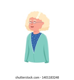 Cute smiling granny avatar with white hair and eyeglasses