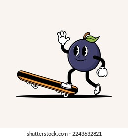 Cute smiling grape mascot character playing skateboard. Doodle vintage style illustration concept