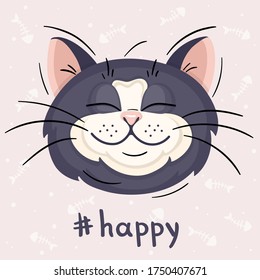 Cute smiling gray cat with closed eyes on a pastel colors background with dots and fish bones. Cartoon character in vector illustration. Inscription Happy handwritten. Emotion.