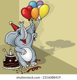 Elefante gris sonriente con globos de fiesta y pastel de cumpleaños en la celebración - Ilustración de dibujos animados de color con fondo, vector