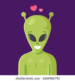 Cute smiling green alien. humanoid in love. flat vector character illustration.