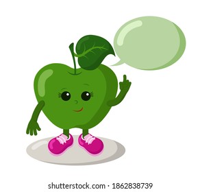 Cute smiling green apple with sneakers and speech bubble holds index finger up. Colorful kawaii fruit emoticon. Isolated vector illustration.