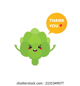 Cute smiling green artichoke character with speech bubble saying thank you, showing appreciation, gratitude.