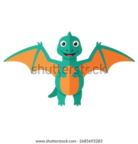 A cute, smiling green cartoon pterodactyl with orange wings stands facing forward. This friendly prehistoric creature is illustrated in a simple, flat vector style.