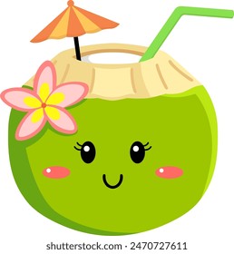 Cute Smiling Green Coconut Drink Vector Illustration