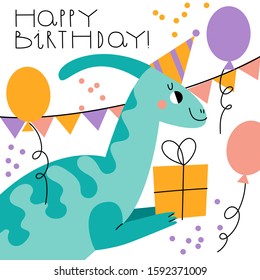 Cute smiling green dinosaur with a gift wishes happy birthday. Vector hand drawn cartoon illustration. Happy Dino. Greeting card. Concept for children print. 