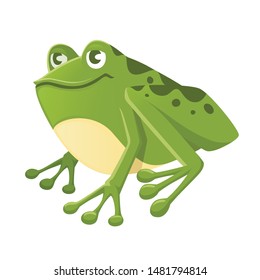 Cute smiling green frog sitting on ground cartoon animal design flat vector illustration isolated on white background