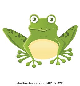 Cute smiling green frog sitting on ground cartoon animal design flat vector illustration isolated on white background