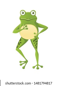 Cute smiling green frog standing on two legs cartoon animal design flat vector illustration isolated on white background