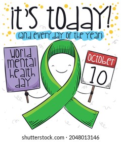 Cinta verde, dulce y sonriente, al estilo de doodle, con un calendario y un cartel, que promueve hoy y todos los días la celebración del Día Mundial de la Salud Mental el 10 de octubre.