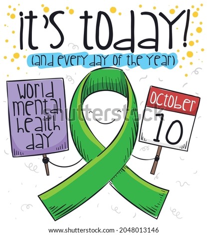Cute and smiling green ribbon in doodle style, holding a calendar and a sign, that promotes today and every day the World Mental Health Day celebration on October 10.
