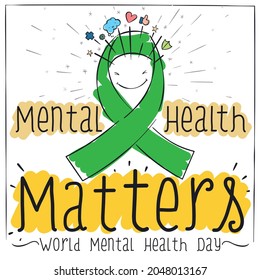 Cute Smiling Green Ribbon, With Icons And Ideas Presented With Doodles About That Mental Health Issues In Its World Day: Stars, Cross, Gear, Heart, Thoughts Bubble And Shield.