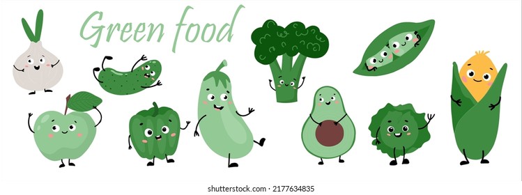 Cute smiling green vegetables. Vector flat cartoon character illustration on white background. Cute vegetable character concept