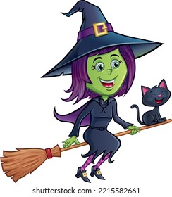 Cute smiling green witch is riding her broomstick with a laughing and happy black cat.