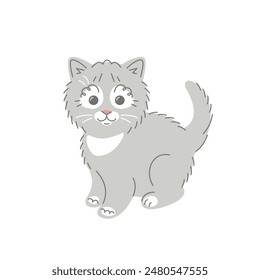 Cute smiling grey kitten. Doodle hand drawn character. Adorable baby pet animal in linear cartoon style. Editable stroke illustration