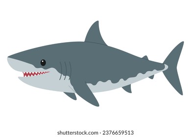 Cute smiling grey shark. Sea and ocean animal predator. Childish character. Vector flat illustration isolated on white background