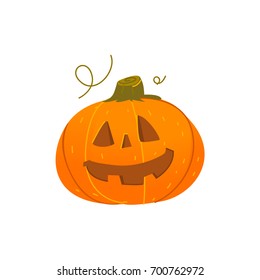 Cute smiling, grinning Halloween pumpkin jack-o-lantern with triangular eyes and funny teeth, cartoon vector illustration isolated on white background. Halloween pumpkin lantern with smiling face