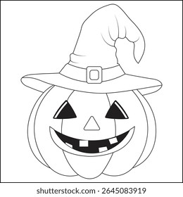 Cute Smiling Halloween Pumpkin with Witch Hat  Line Art Illustration coloring page