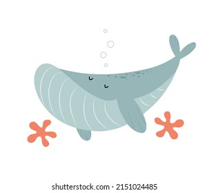 Ballena dibujada a mano con una sonrisa delgada al estilo de dibujos animados planos. Ilustración vectorial aislada