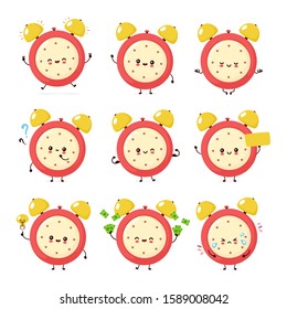 Cute smiling happy alarm time clock set collection. Vector flat cartoon character illustration icon design.Isolated on white background. Alarm time clock character bundle concept