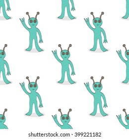 Cute smiling happy alien waving hand seamless pattern. Hand drawn design. Space, ufo concept. Textile, wrapping use. EPS 8 vector illustration, no transparency