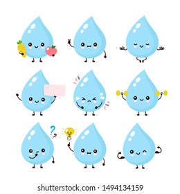 Cute smiling happy aqua water drop set collection.Vector flat cartoon face character mascot illustration.Isolated on white background.Water cute aqua drop character mascot logo idea bundle concept