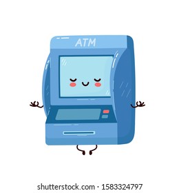 Cute smiling happy ATM meditate in yoga pose. Vector flat cartoon character illustration.Isolated on white background. Automated teller machine, ATM character concept