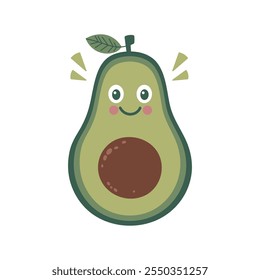 Cute smiling happy avocado in cut. Kawaii fruit emoji. Vector flat cartoon character illustration icon. Isolated on white background.