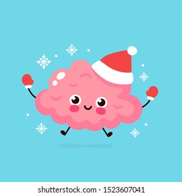 Cute smiling happy brain organ in christmas hat and gloves. Vector flat cartoon character illustration. Christmas brain character concept