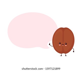 Cute smiling happy coffee bean with speech bubble. Vector flat cartoon character illustration icon design.Isolated on white background. Coffee bean character concept