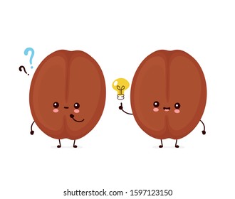 Cute smiling happy coffee bean with question mark and idea lightbulb. Vector flat cartoon character illustration icon design.Isolated on white background. Coffee bean character concept
