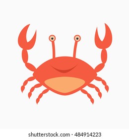 cute smiling happy crab character, lifting up claws, isolated on white background.