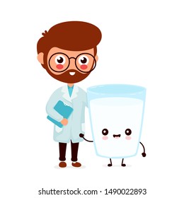 Cute smiling happy doctor and milk glass. Vector flat cartoon character illustration.Isolated on white background.Milk glass character concept