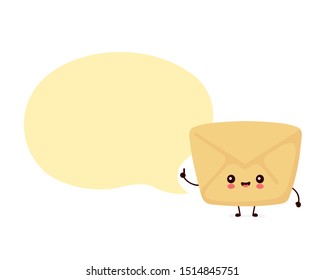 Cute smiling happy envelope, paper letter with speech bubble. Vector flat cartoon character illustration.Isolated on white background. Envelope character concept