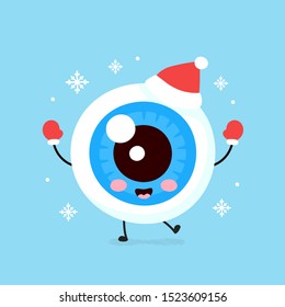 Cute smiling happy eyeball organ in christmas hat and gloves. Vector flat cartoon character illustration. Christmas eye character concept