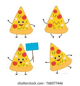 Cute smiling happy funny cute pizza slice set.Vector modern flat style cartoon character illustration.Isolated on white background.Pizza slice concept. Run,meditation,stands with a sign
