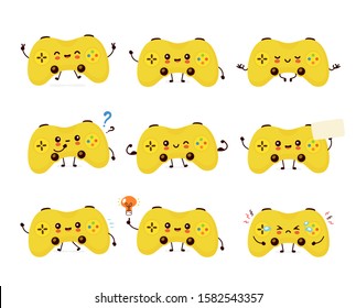 Cute smiling happy game joystick set collection. Vector flat cartoon character illustration.Isolated on white background. Joystick character bundle concept