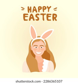 Cute smiling happy girl with bunny ears. Happy Easter Day lettering. Trendy design for Happy Easter banner, poster, greeting card. Wealth, religion symbol. Modern minimal cartoon illustration.