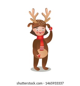 Cute smiling happy girl with red scarf and deer costume