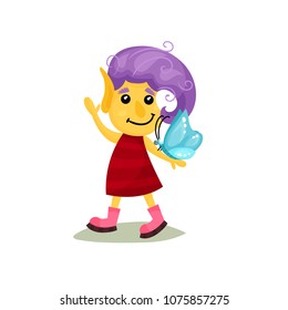 Cute smiling happy girl troll with purple hair and yellow skin, funny fairy tale character vector Illustrations on a white background