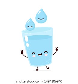 Cute smiling happy glass and water drop. Vector flat cartoon character illustration.Isolated on white background.Water drop character concept