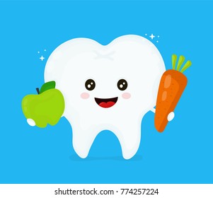 Cute smiling happy healthy good tooth with carrot and apple fruit. Hygiene medical,good teeth,nutrition food,dentistry doctor,clinical concept. Vector flat illustration icon cartoon character design.