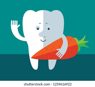 Cute smiling happy healthy tooth with carrot. Good food for teeth. Healthy dietary. Vector flat illustration