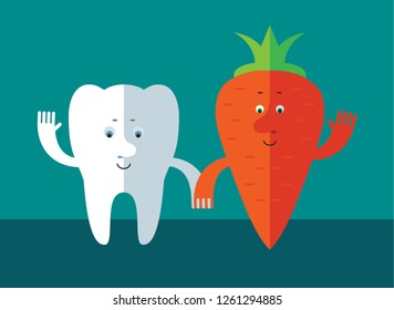 Cute smiling happy healthy tooth holding carrot. Good food for teeth. Healthy dietary. Vector flat illustration