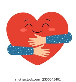 Cute smiling happy heart cartoon character with hands hugging self on white background. Love yourself.